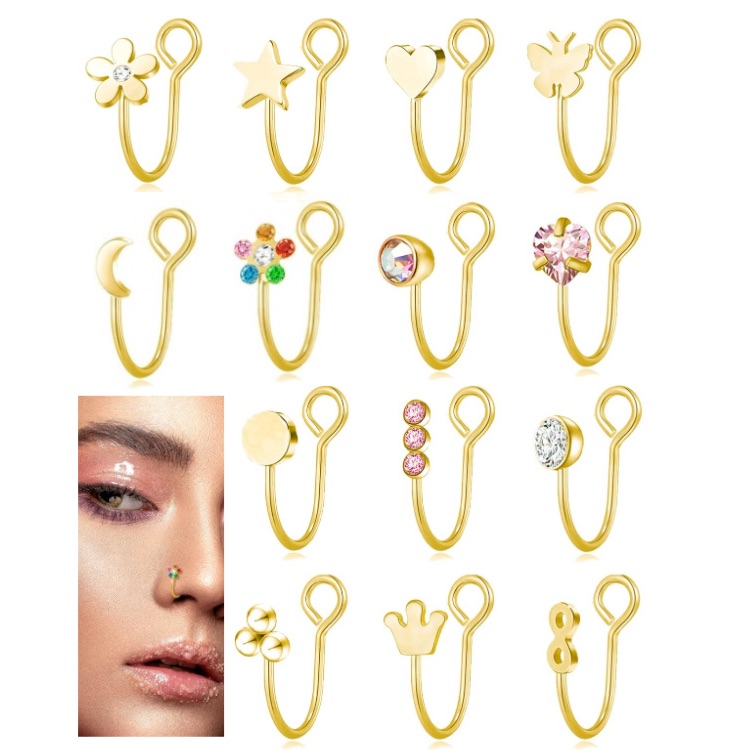 Nwt Gold Tone Nose Cuffs Fake Nose Rings  14 Pcs